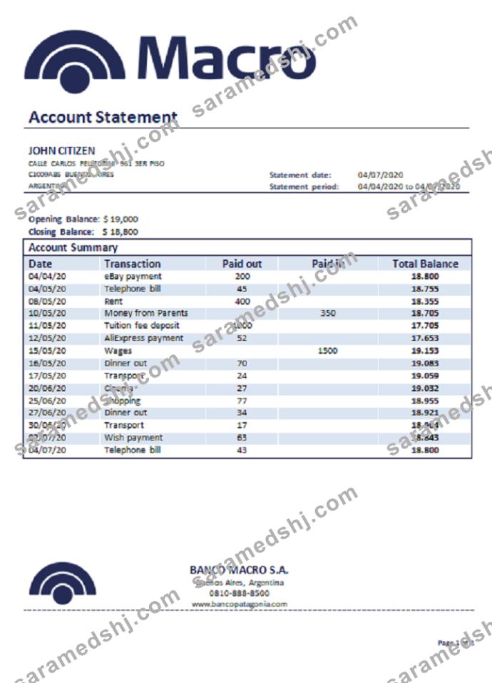 Argentina Banco Macro S.A. bank statement